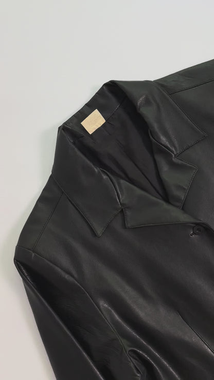 90s Black Eco Leather Skirt Suit